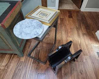 Modern Marble Accent Table, Italian Silver Plaque Art Magazine Rack Collection
