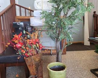 Faux Tree, No. 1 Glazed Planter, Wicker Basket Fall Floral Arrangement