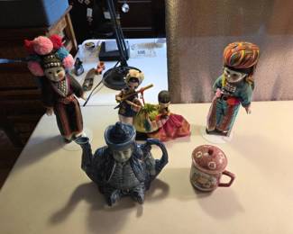 Asian Collectibles with Dolls, Teapot Lidded Mug 7 Pieces