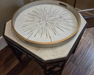 AsianInspired Faux Stone Top Accent Table with Metal Base Decorative Tray