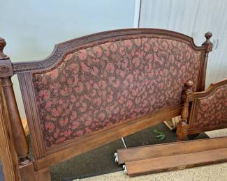 King Upholstered Panel Bed Frame with Carved Wood Posts Rails