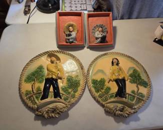 AsianInspired Ceramic Wall Plaques Boxed Figurines 4 Pieces