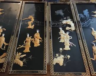 Set of Four Asian Black Lacquer Wall Panels with Figural Inlay