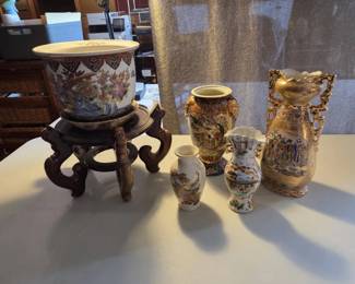 Asian Porcelain Vase Collection with Jardiniere Wooden Stand 6 Pieces