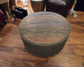 Rustic Round Drum Coffee Table with Wood Top Faux Leather Wrapped Base