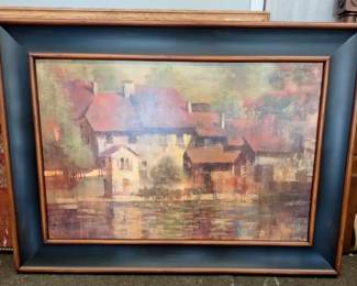 Large Framed Village Landscape Wall Art