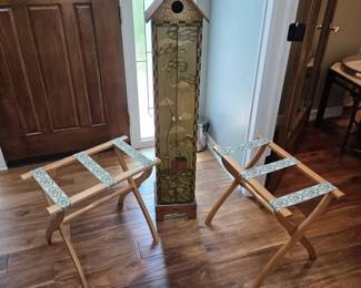 MackenzieChilds Style Birdhouse Cabinet with Pair of Folding Luggage Racks