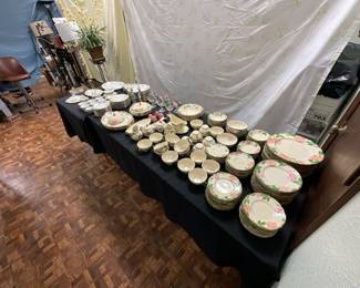 Extensive collection of Franciscan Desert Rose collection consisting of 104 standard dinner pieces with 40 pieces of serving pieces. Very few chips~~a beautiful set!