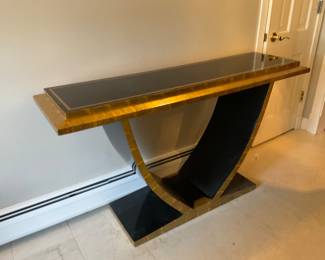 Foyer table finished black lacquer with gold tortoise paint finish ~ Hollywood Regency MCM