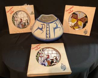 Ceramic Art Deco Pot / MC Vintage Korea-Print souvenir plate from Israel