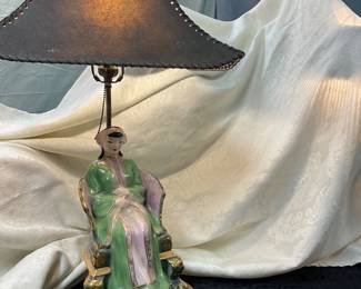 Vintage MCM Chinoiserie Figural Table Lamp w/Parchment Shade—‘40-‘50s era