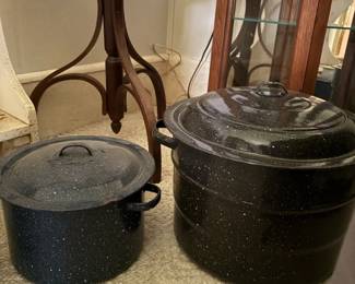 2 old black Granite Speckle Canning pots