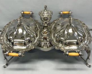 Large double silver plate entree/chafing dish and frame. Perfect for large gatherings! American, circa 1950. Silver plate with French Ivory (celluloid) spool handles.