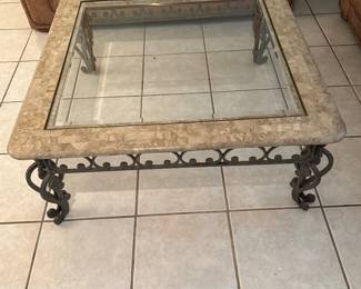 Stone With Glass Top Wrought Iron Square Coffee Table
