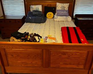 Oak queen size sleigh bed with mattress and box springs