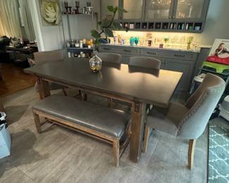 Restoration Hardware zinc topped table with 4 chairs and bench