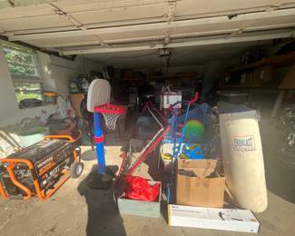 Pitching return nets, punching bag, stilts, small basket ball net