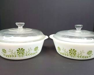 2 Glasbake Green Daisy Pattern Baking Dishes with Lids