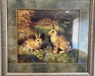 Large decorative print of bunnies in morning light.