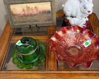 Small piece of original artwork by Lucille Stevener, antique butter dish, cute bunnies, and large ruffled red amberina carnival bowll