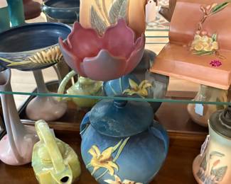 More pics of pottery...Roseville, Van Briggle, and Hull.