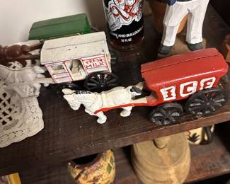 Cast iron vintage horse and buggy ice truck milk truck and more