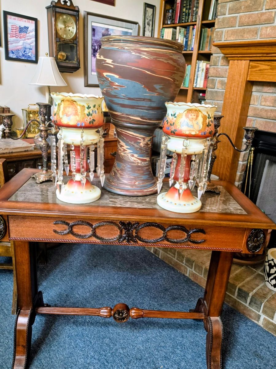 Niloak swirl jardiniere (planter has been glued to stand), mantle lusterss