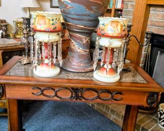 Niloak swirl jardiniere (planter has been glued to stand), mantle lusterss