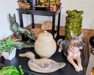 Wooden duck decoy, dog figurines