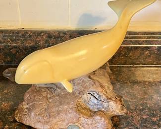 VINTAGE JOHN PERRY PELLUCIDA RESIN WHALE (BELUGA or BOWHEAD) SCULPTURE ON NATURAL BURL WOOD BASE