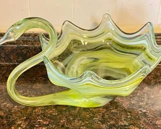 MCM ART GLASS SWAN DISH - GREEN/YELLOW/WHITE SWIRL