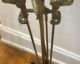BRASS ELEPHANTS FIREPLACE TOOL SET