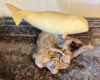 VINTAGE JOHN PERRY PELLUCIDA RESIN WHALE (BELUGA or BOWHEAD) SCULPTURE ON NATURAL BURL WOOD BASE