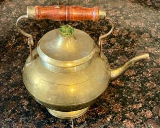 SOLID BRASS TEAPOT W/GREEN JEWELED LID