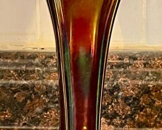 IRRIDESCENT AMETHYST CARNIVAL GLASS SWUNG VASE