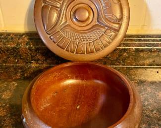 Vintage Hand Carved Wooden Round Trinket Box Honduras 2.5”H 5.8”W