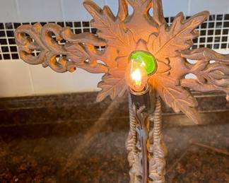 GOTHIC REVIVAL/SPANISH COLONIAL REVIVAL STYLE TABLETOP CAST IRON CROSS with GREEN CENTER STONE and BACKLIGHT