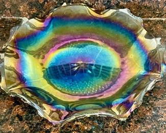RUFFLE EDGE IRRIDESCENT AMETHYST CARNIVAL GLASS DISH