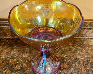 IRRIDESCENT AMMBER CARNIVAL GLASS COMPOTE