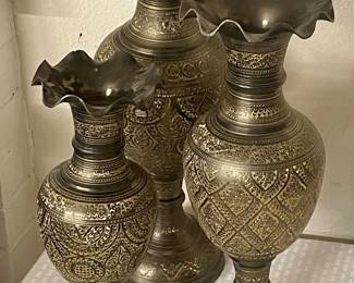 VINTAGE HANDMADE ETCHED BRASS VASES - PAKISTAN