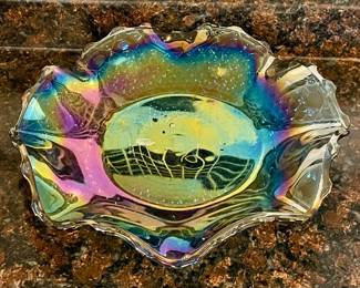 RUFFLE EDGE IRRIDESCENT AMETHYST CARNIVAL GLASS DISH