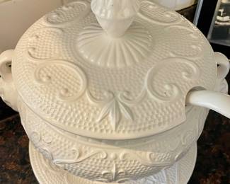 VINTAGE WHITE SOUP TUREEN w/LID, LADLE & UNDERPLATE