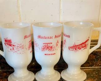 VINTAGE WHITE MILK GLASS PEDESTAL MUGS - MACKINAC ISLAND, MICHIGAN