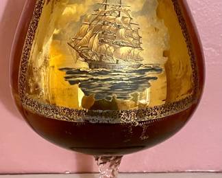 LARGE VINTAGE/ANTIQUE RUBY ART GLASS BRANDY SNIFTER - 24K GOLD OVERLAY