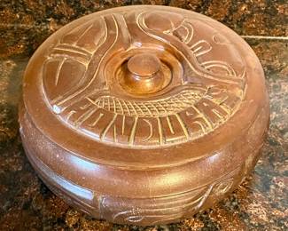Vintage Hand Carved Wooden Round Trinket Box Honduras 2.5”H 5.8”W