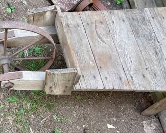 ANTIQUE PRIMITIVE WOODEN FLATBED WHEELBARROW