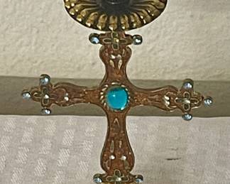 BRASS JEWELLED CROSS CANDLESTICK