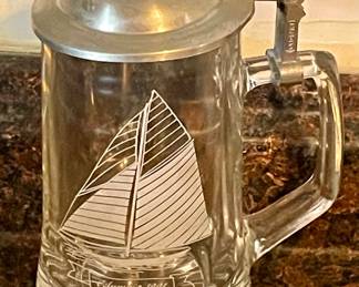 VINTAGE ALWE BEER STEIN - "COLUMBIA 1901" ETCHED SAILING SHIP