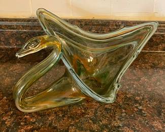MCM ART GLASS SWAN DISH - GREEN/ORANGE SWIRL