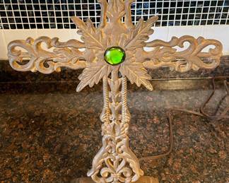 GOTHIC REVIVAL/SPANISH COLONIAL REVIVAL STYLE TABLETOP CAST IRON CROSS with GREEN CENTER STONE and BACKLIGHT